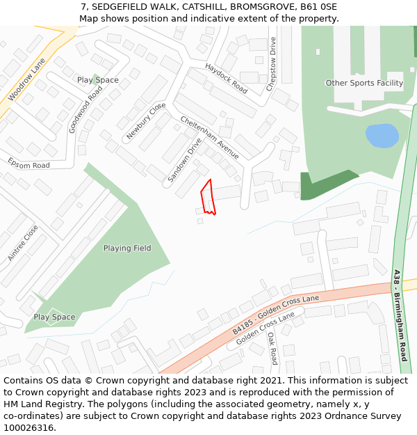 7, SEDGEFIELD WALK, CATSHILL, BROMSGROVE, B61 0SE: Location map and indicative extent of plot