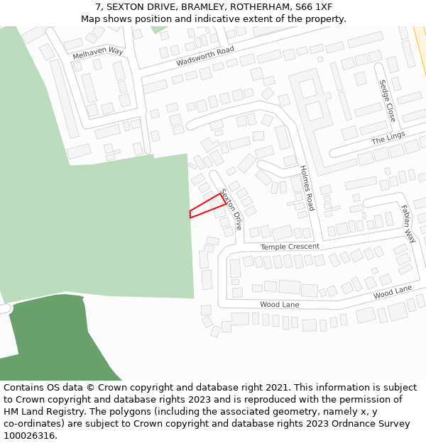 7, SEXTON DRIVE, BRAMLEY, ROTHERHAM, S66 1XF: Location map and indicative extent of plot