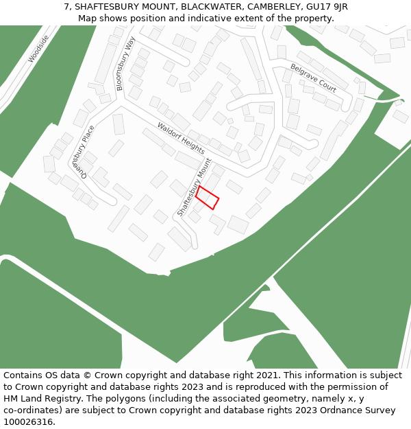 7, SHAFTESBURY MOUNT, BLACKWATER, CAMBERLEY, GU17 9JR: Location map and indicative extent of plot