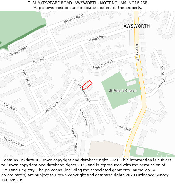 7, SHAKESPEARE ROAD, AWSWORTH, NOTTINGHAM, NG16 2SR: Location map and indicative extent of plot