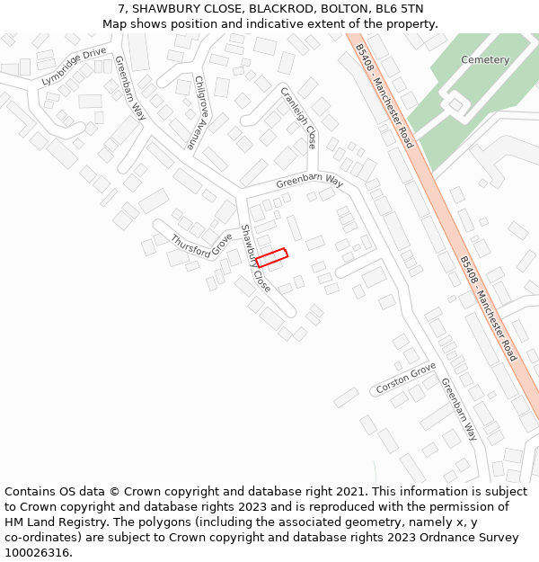 7, SHAWBURY CLOSE, BLACKROD, BOLTON, BL6 5TN: Location map and indicative extent of plot