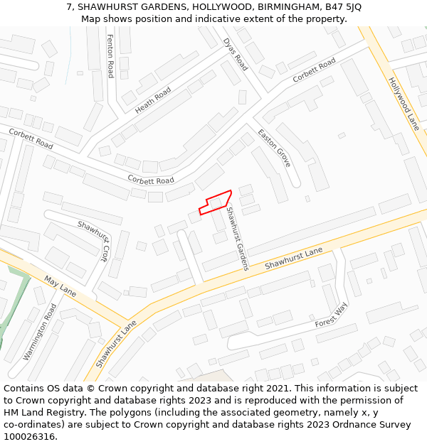 7, SHAWHURST GARDENS, HOLLYWOOD, BIRMINGHAM, B47 5JQ: Location map and indicative extent of plot