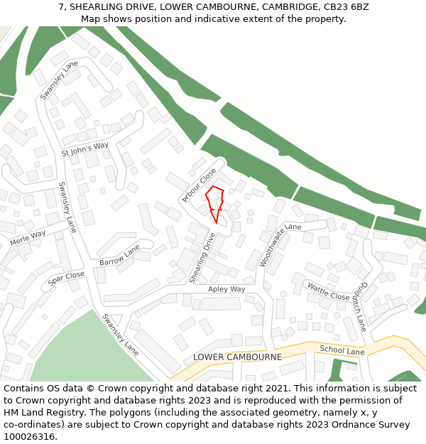 7, SHEARLING DRIVE, LOWER CAMBOURNE, CAMBRIDGE, CB23 6BZ: Location map and indicative extent of plot