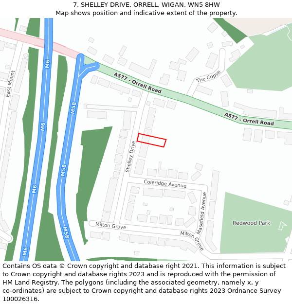 7, SHELLEY DRIVE, ORRELL, WIGAN, WN5 8HW: Location map and indicative extent of plot