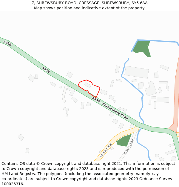 7, SHREWSBURY ROAD, CRESSAGE, SHREWSBURY, SY5 6AA: Location map and indicative extent of plot