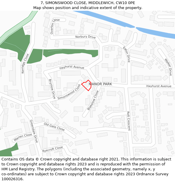 7, SIMONSWOOD CLOSE, MIDDLEWICH, CW10 0PE: Location map and indicative extent of plot