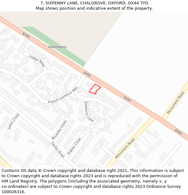 7, SIXPENNY LANE, CHALGROVE, OXFORD, OX44 7YD: Location map and indicative extent of plot