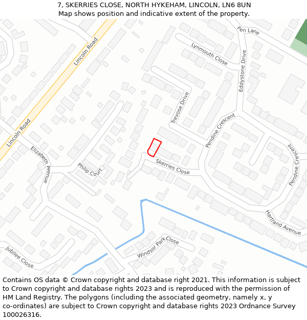 7, SKERRIES CLOSE, NORTH HYKEHAM, LINCOLN, LN6 8UN: Location map and indicative extent of plot