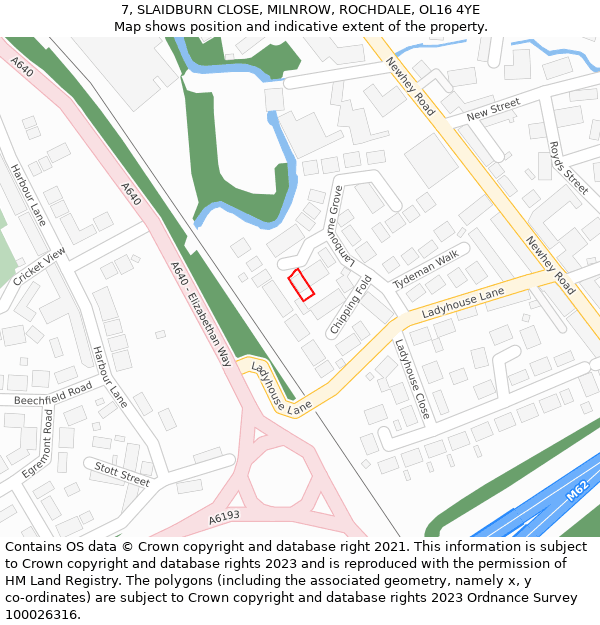 7, SLAIDBURN CLOSE, MILNROW, ROCHDALE, OL16 4YE: Location map and indicative extent of plot