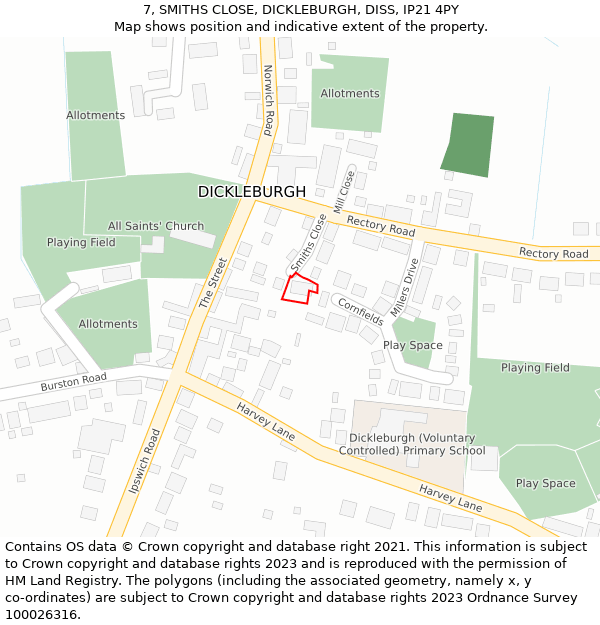 7, SMITHS CLOSE, DICKLEBURGH, DISS, IP21 4PY: Location map and indicative extent of plot