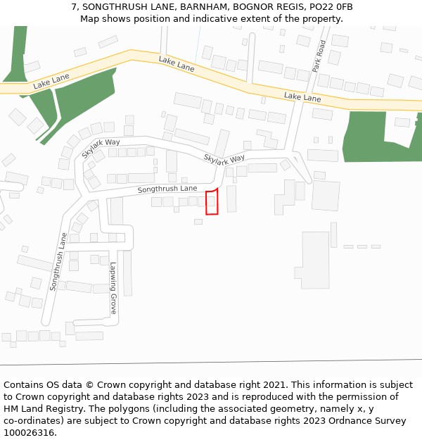 7, SONGTHRUSH LANE, BARNHAM, BOGNOR REGIS, PO22 0FB: Location map and indicative extent of plot