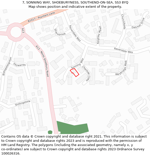 7, SONNING WAY, SHOEBURYNESS, SOUTHEND-ON-SEA, SS3 8YQ: Location map and indicative extent of plot