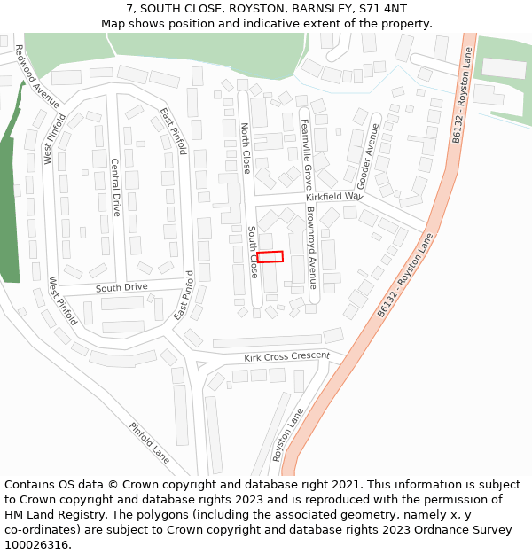 7, SOUTH CLOSE, ROYSTON, BARNSLEY, S71 4NT: Location map and indicative extent of plot