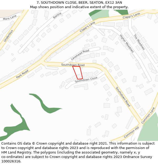 7, SOUTHDOWN CLOSE, BEER, SEATON, EX12 3AN: Location map and indicative extent of plot
