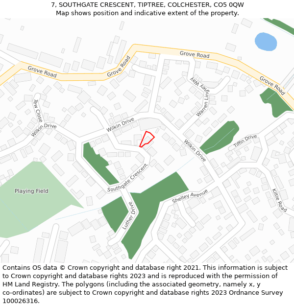 7, SOUTHGATE CRESCENT, TIPTREE, COLCHESTER, CO5 0QW: Location map and indicative extent of plot