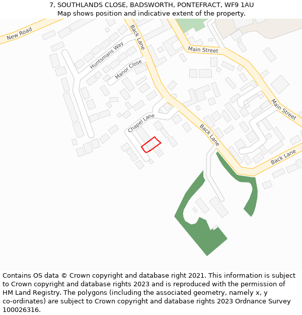 7, SOUTHLANDS CLOSE, BADSWORTH, PONTEFRACT, WF9 1AU: Location map and indicative extent of plot