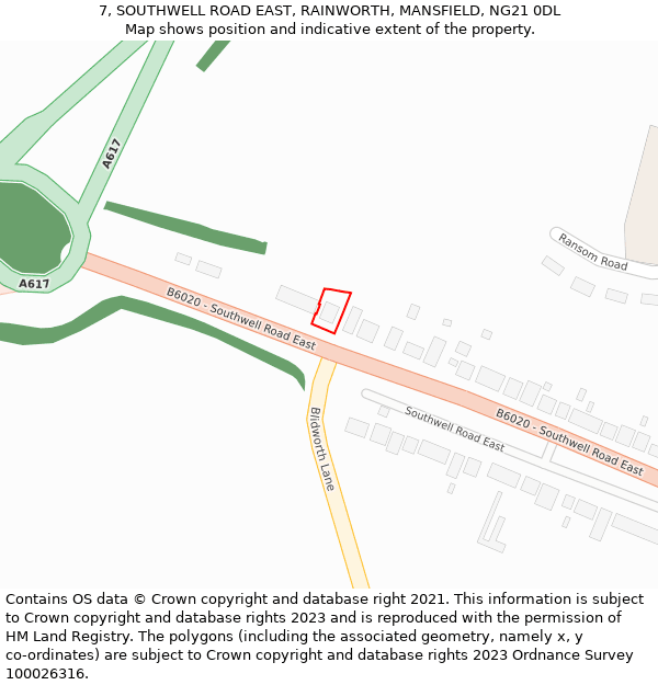 7, SOUTHWELL ROAD EAST, RAINWORTH, MANSFIELD, NG21 0DL: Location map and indicative extent of plot