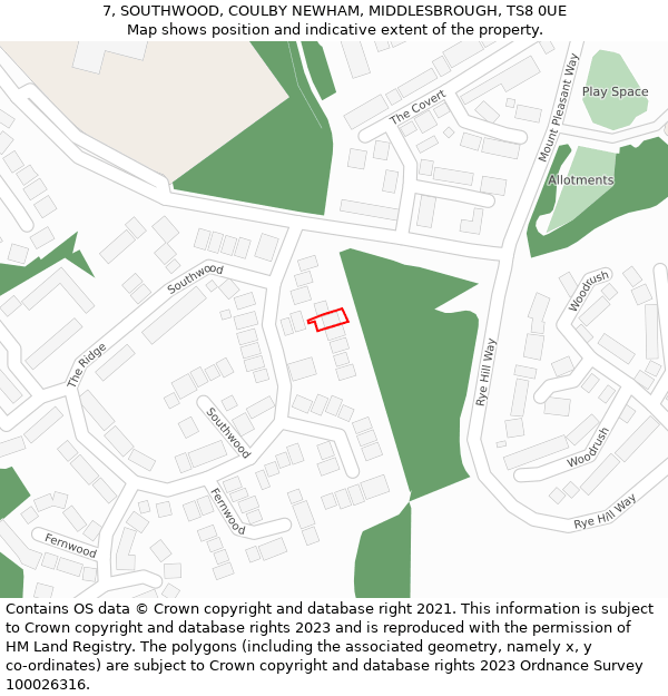 7, SOUTHWOOD, COULBY NEWHAM, MIDDLESBROUGH, TS8 0UE: Location map and indicative extent of plot