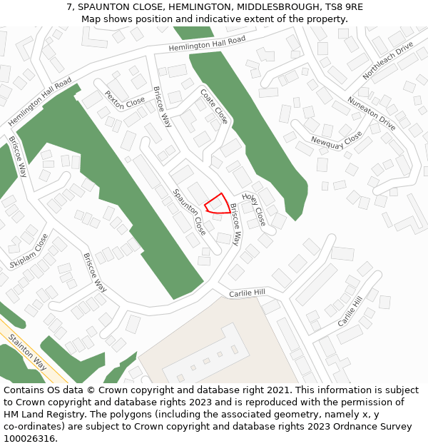 7, SPAUNTON CLOSE, HEMLINGTON, MIDDLESBROUGH, TS8 9RE: Location map and indicative extent of plot