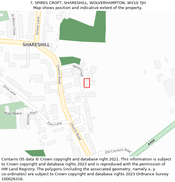 7, SPIRES CROFT, SHARESHILL, WOLVERHAMPTON, WV10 7JH: Location map and indicative extent of plot