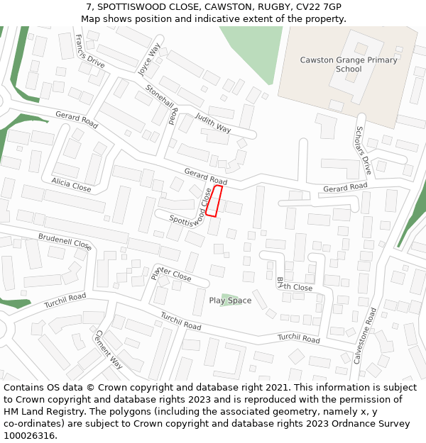 7, SPOTTISWOOD CLOSE, CAWSTON, RUGBY, CV22 7GP: Location map and indicative extent of plot