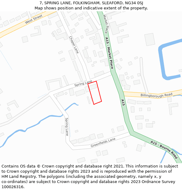 7, SPRING LANE, FOLKINGHAM, SLEAFORD, NG34 0SJ: Location map and indicative extent of plot