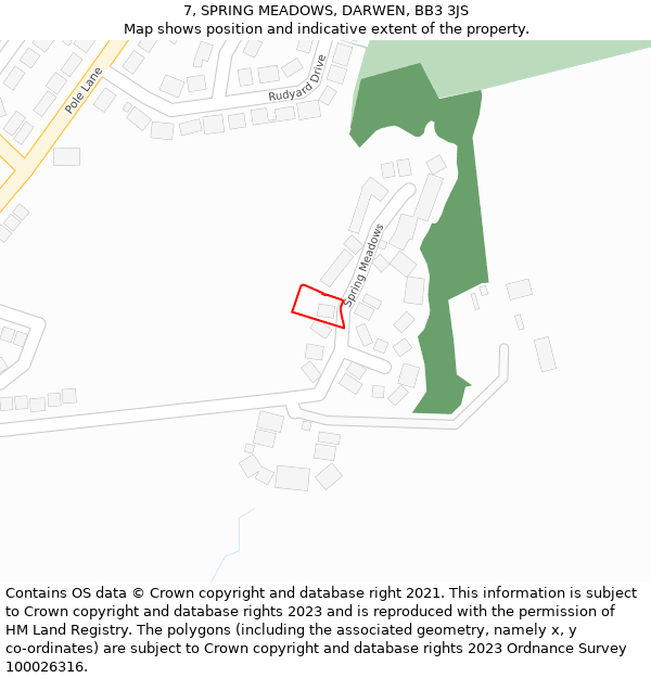 7, SPRING MEADOWS, DARWEN, BB3 3JS: Location map and indicative extent of plot