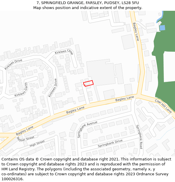 7, SPRINGFIELD GRANGE, FARSLEY, PUDSEY, LS28 5FU: Location map and indicative extent of plot