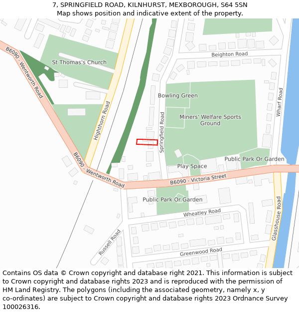 7, SPRINGFIELD ROAD, KILNHURST, MEXBOROUGH, S64 5SN: Location map and indicative extent of plot