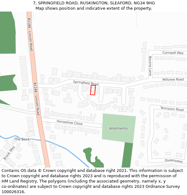 7, SPRINGFIELD ROAD, RUSKINGTON, SLEAFORD, NG34 9HG: Location map and indicative extent of plot