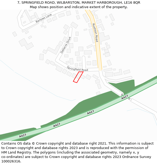 7, SPRINGFIELD ROAD, WILBARSTON, MARKET HARBOROUGH, LE16 8QR: Location map and indicative extent of plot