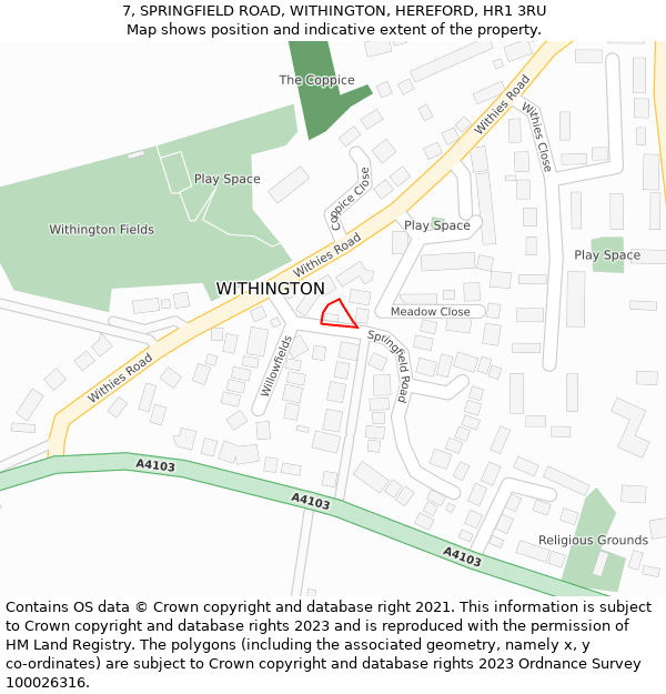 7, SPRINGFIELD ROAD, WITHINGTON, HEREFORD, HR1 3RU: Location map and indicative extent of plot