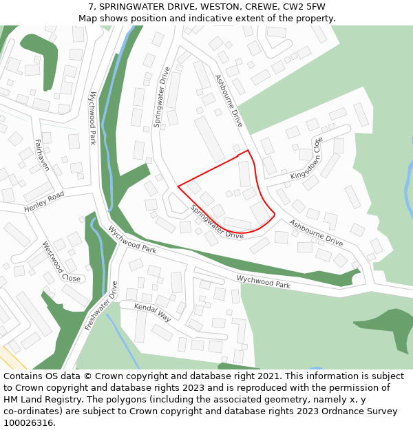 7, SPRINGWATER DRIVE, WESTON, CREWE, CW2 5FW: Location map and indicative extent of plot