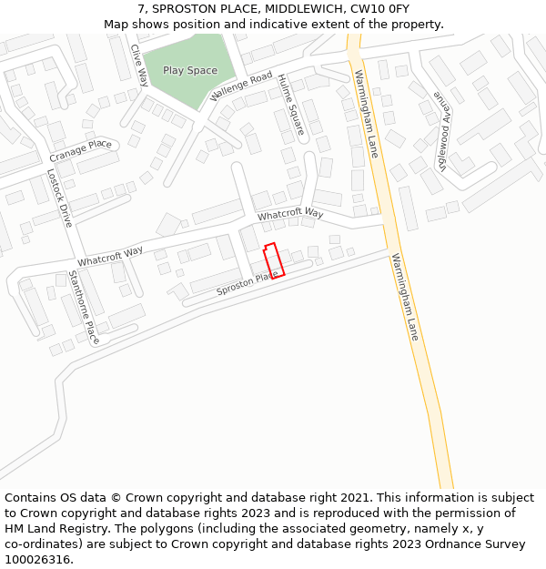 7, SPROSTON PLACE, MIDDLEWICH, CW10 0FY: Location map and indicative extent of plot