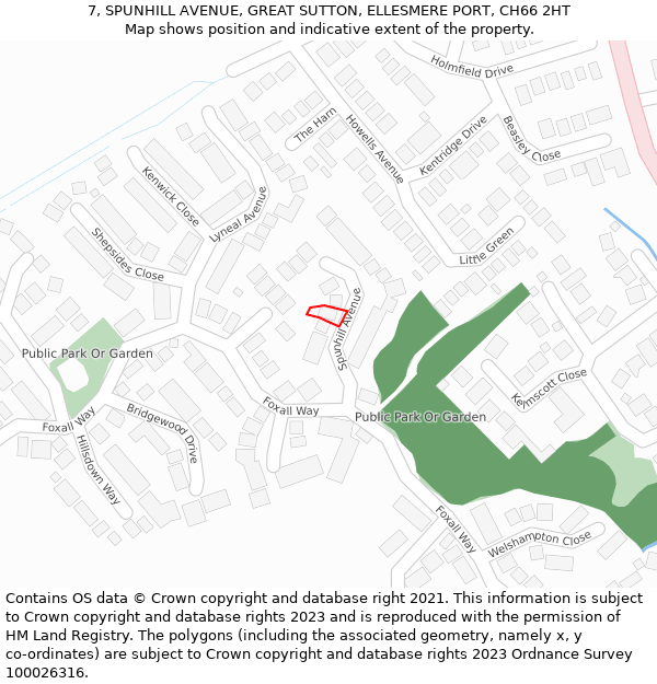 7, SPUNHILL AVENUE, GREAT SUTTON, ELLESMERE PORT, CH66 2HT: Location map and indicative extent of plot