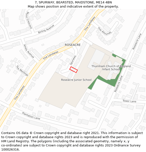 7, SPURWAY, BEARSTED, MAIDSTONE, ME14 4BN: Location map and indicative extent of plot