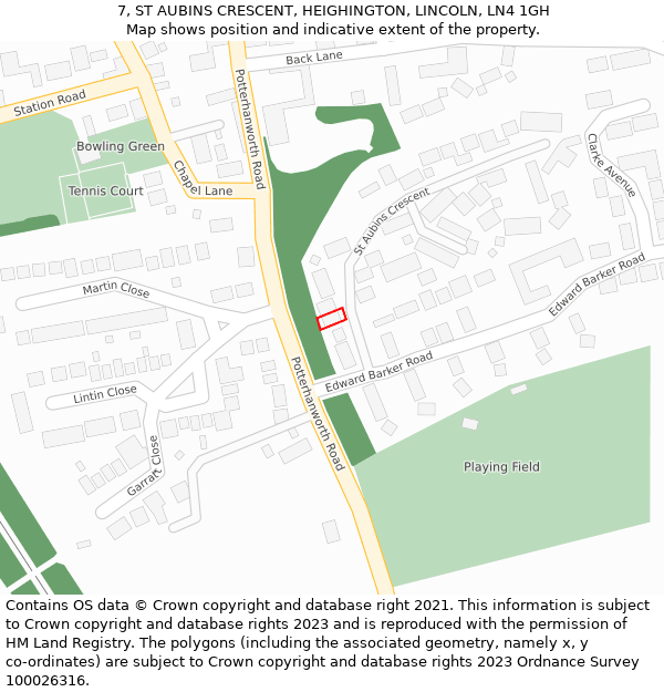 7, ST AUBINS CRESCENT, HEIGHINGTON, LINCOLN, LN4 1GH: Location map and indicative extent of plot