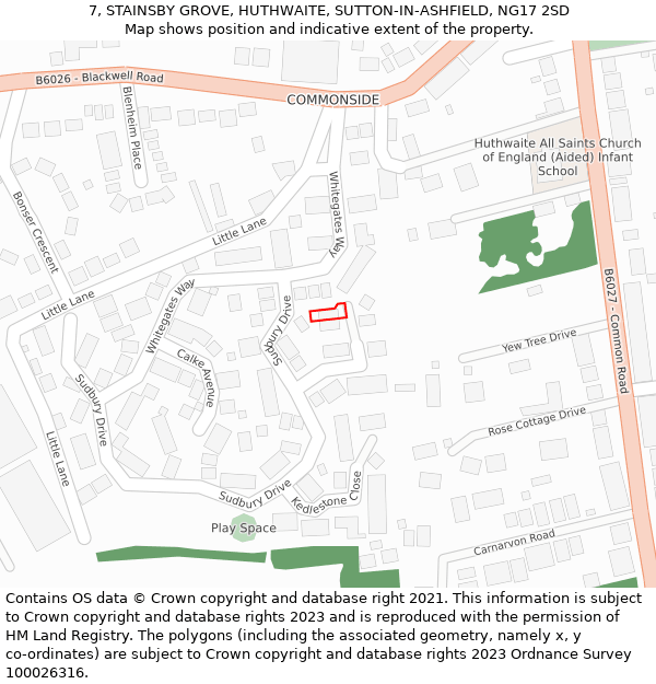 7, STAINSBY GROVE, HUTHWAITE, SUTTON-IN-ASHFIELD, NG17 2SD: Location map and indicative extent of plot