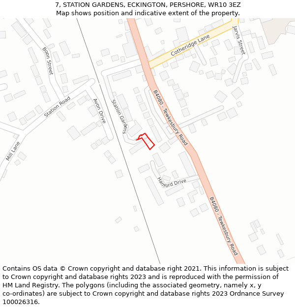 7, STATION GARDENS, ECKINGTON, PERSHORE, WR10 3EZ: Location map and indicative extent of plot