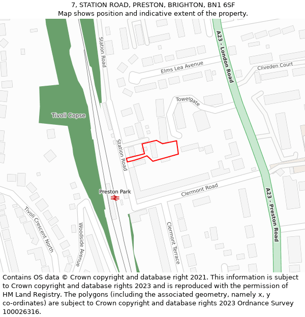7, STATION ROAD, PRESTON, BRIGHTON, BN1 6SF: Location map and indicative extent of plot