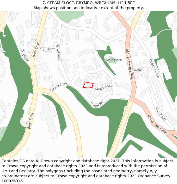 7, STEAM CLOSE, BRYMBO, WREXHAM, LL11 5EE: Location map and indicative extent of plot