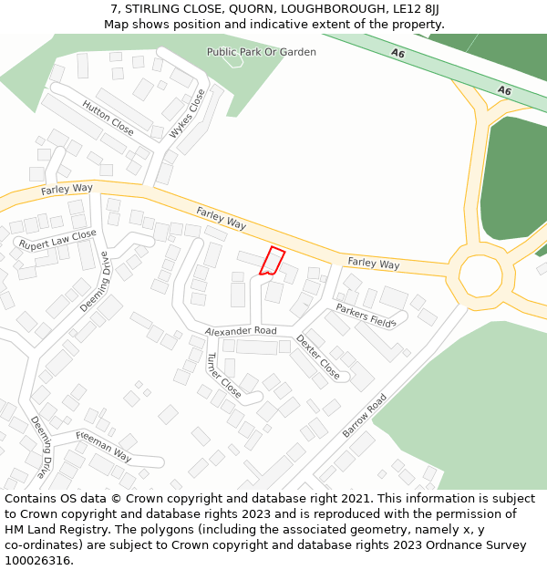 7, STIRLING CLOSE, QUORN, LOUGHBOROUGH, LE12 8JJ: Location map and indicative extent of plot