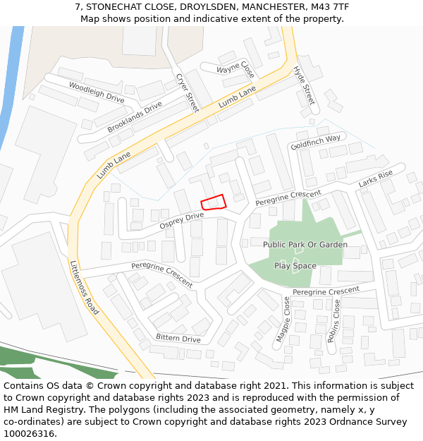 7, STONECHAT CLOSE, DROYLSDEN, MANCHESTER, M43 7TF: Location map and indicative extent of plot