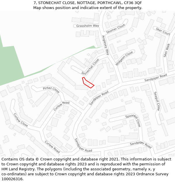 7, STONECHAT CLOSE, NOTTAGE, PORTHCAWL, CF36 3QF: Location map and indicative extent of plot