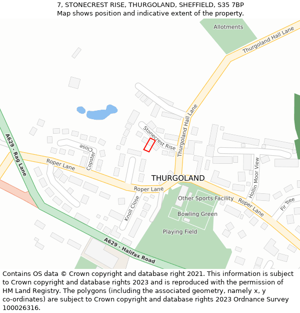 7, STONECREST RISE, THURGOLAND, SHEFFIELD, S35 7BP: Location map and indicative extent of plot