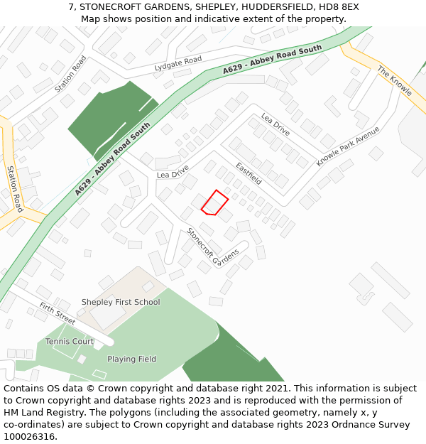 7, STONECROFT GARDENS, SHEPLEY, HUDDERSFIELD, HD8 8EX: Location map and indicative extent of plot