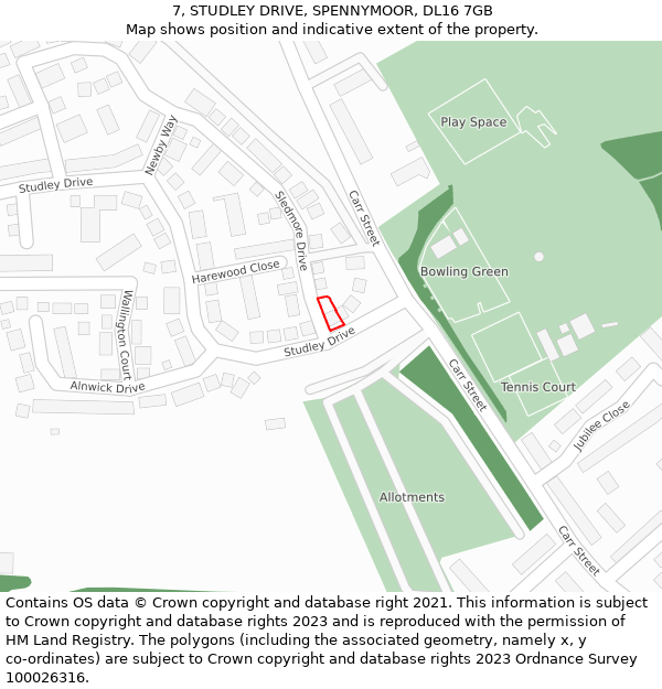 7, STUDLEY DRIVE, SPENNYMOOR, DL16 7GB: Location map and indicative extent of plot