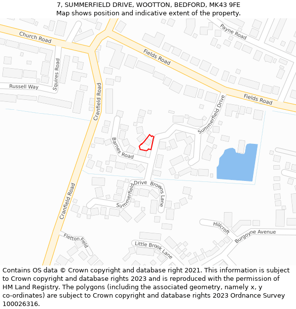 7, SUMMERFIELD DRIVE, WOOTTON, BEDFORD, MK43 9FE: Location map and indicative extent of plot