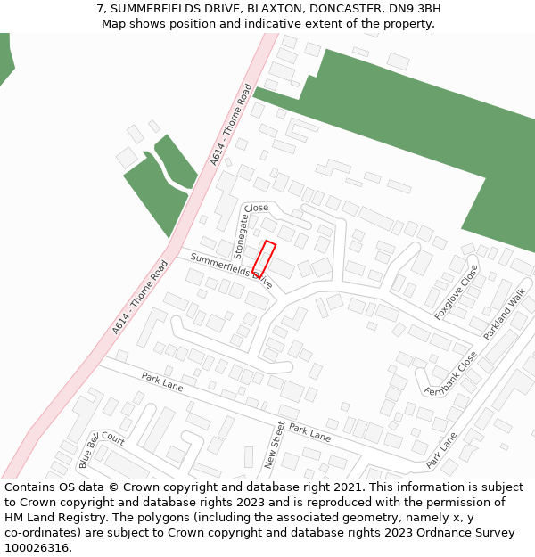 7, SUMMERFIELDS DRIVE, BLAXTON, DONCASTER, DN9 3BH: Location map and indicative extent of plot