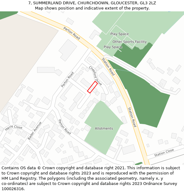 7, SUMMERLAND DRIVE, CHURCHDOWN, GLOUCESTER, GL3 2LZ: Location map and indicative extent of plot